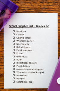 back to school shopping list grades 1-3